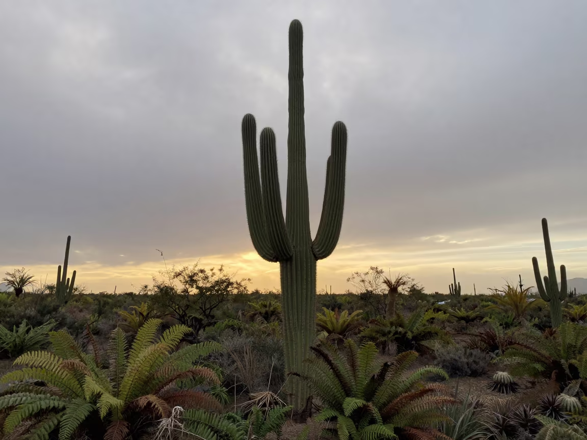 Saguaro Cactus Arms Sunset Fern Forest in on a fern-lined forest floor near Daska