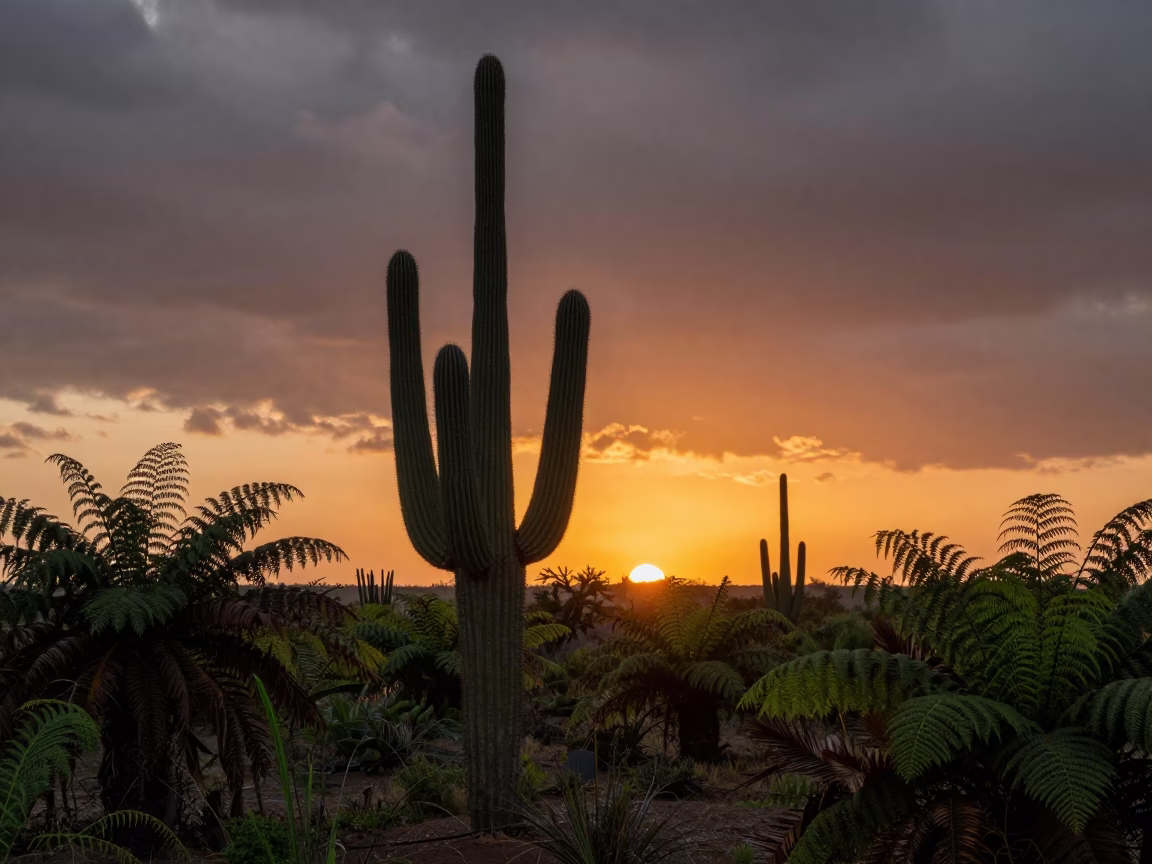 Saguaro Silhouette Against Sunset Forest Light in on a fern-lined forest floor near Anand