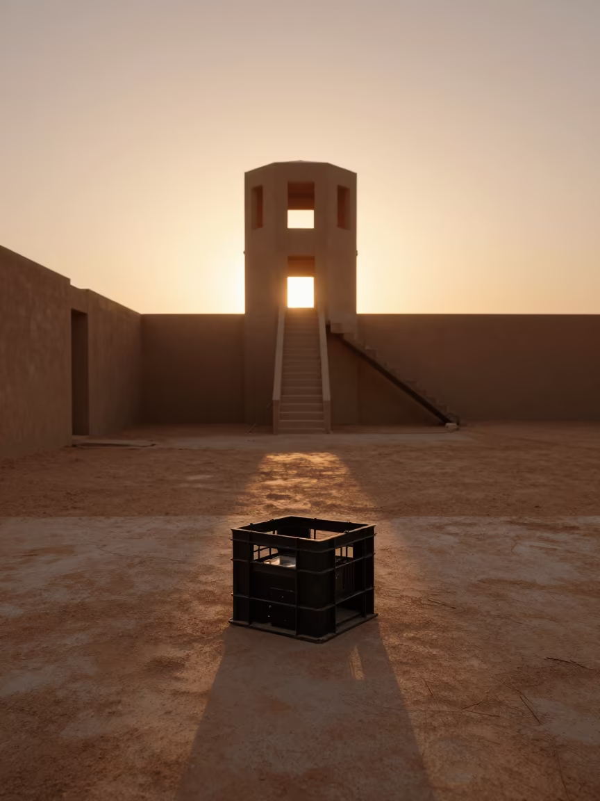 Sahara Stair Tower Amber Light Abatement Crate in inside a bare shell stair tower in the Sahara