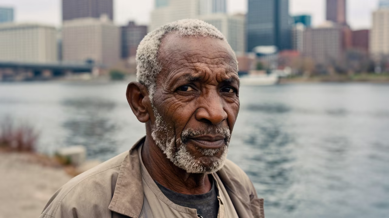 Weathered Saharan Leader Near Milwaukee River in near a riverside landing in Milwaukee