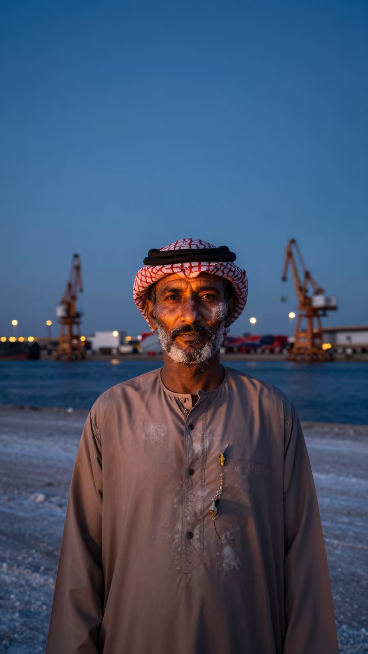 Saharan Salt Caravan Leader at Shenzhen Harbor Dawn in at a harbor edge in Shenzhen