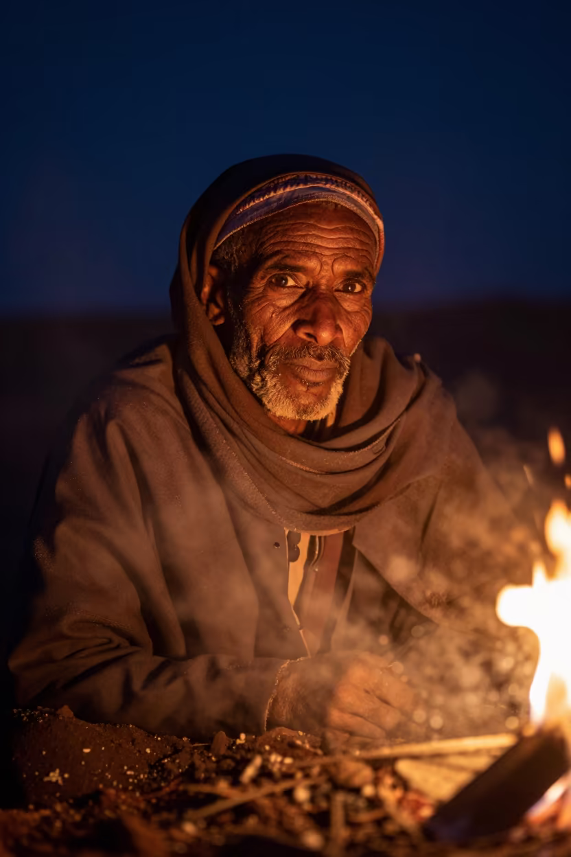 Saharan Salt Caravan Leader Under Night Firelight in near Shinyanga