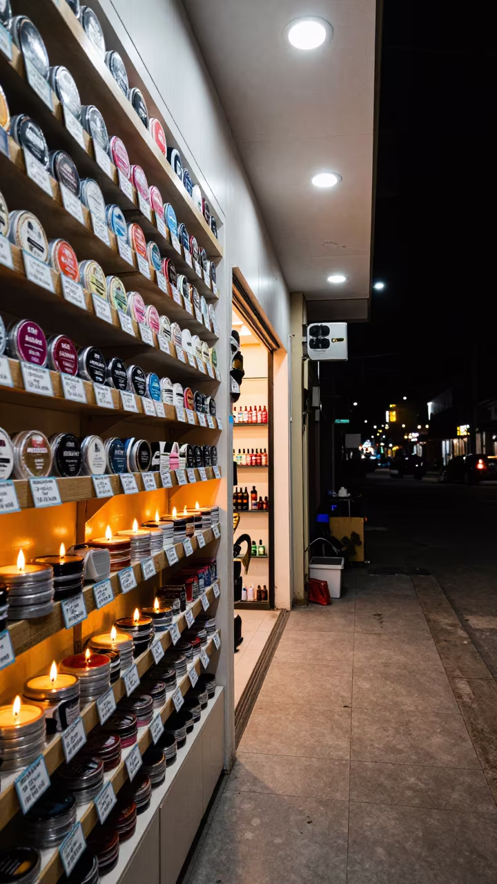 Sahiwal Barber Wall Pomade Tins Candlelight Corridor in in a beauty supply area under white LEDs in Sahiwal