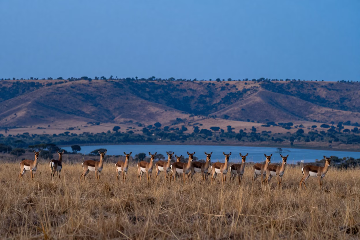 Saiga Antelope Herd on Burundi Ridge at Blue Hour in from a ridge above layered foothills in Burundi