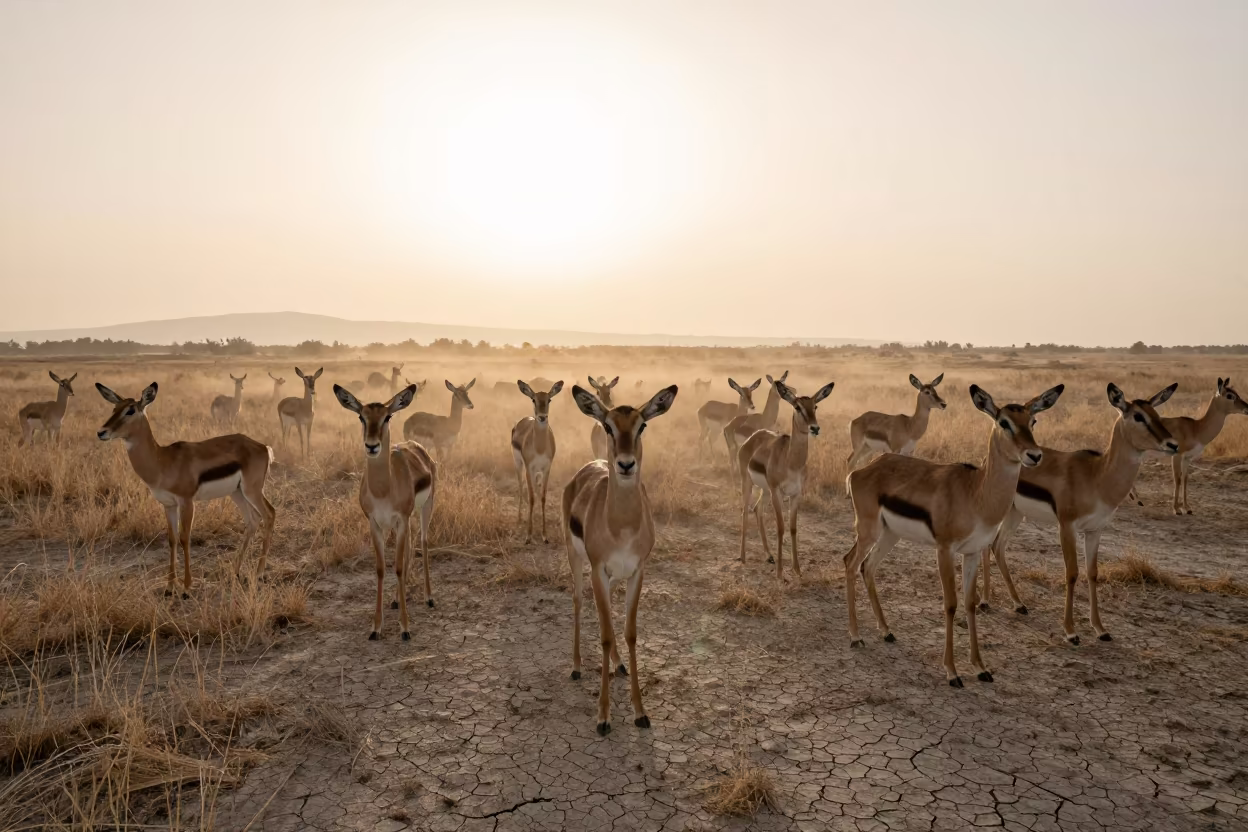 Saiga Antelope Herd at Dawn on Thessaloniki Steppe in near Thessaloniki