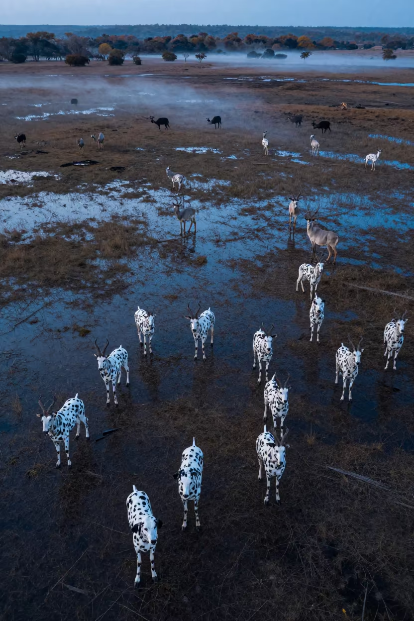 Saiga Herd on Dalmatian Floodplain Twilight in across a floodplain after rain in the Dalmatian Coast