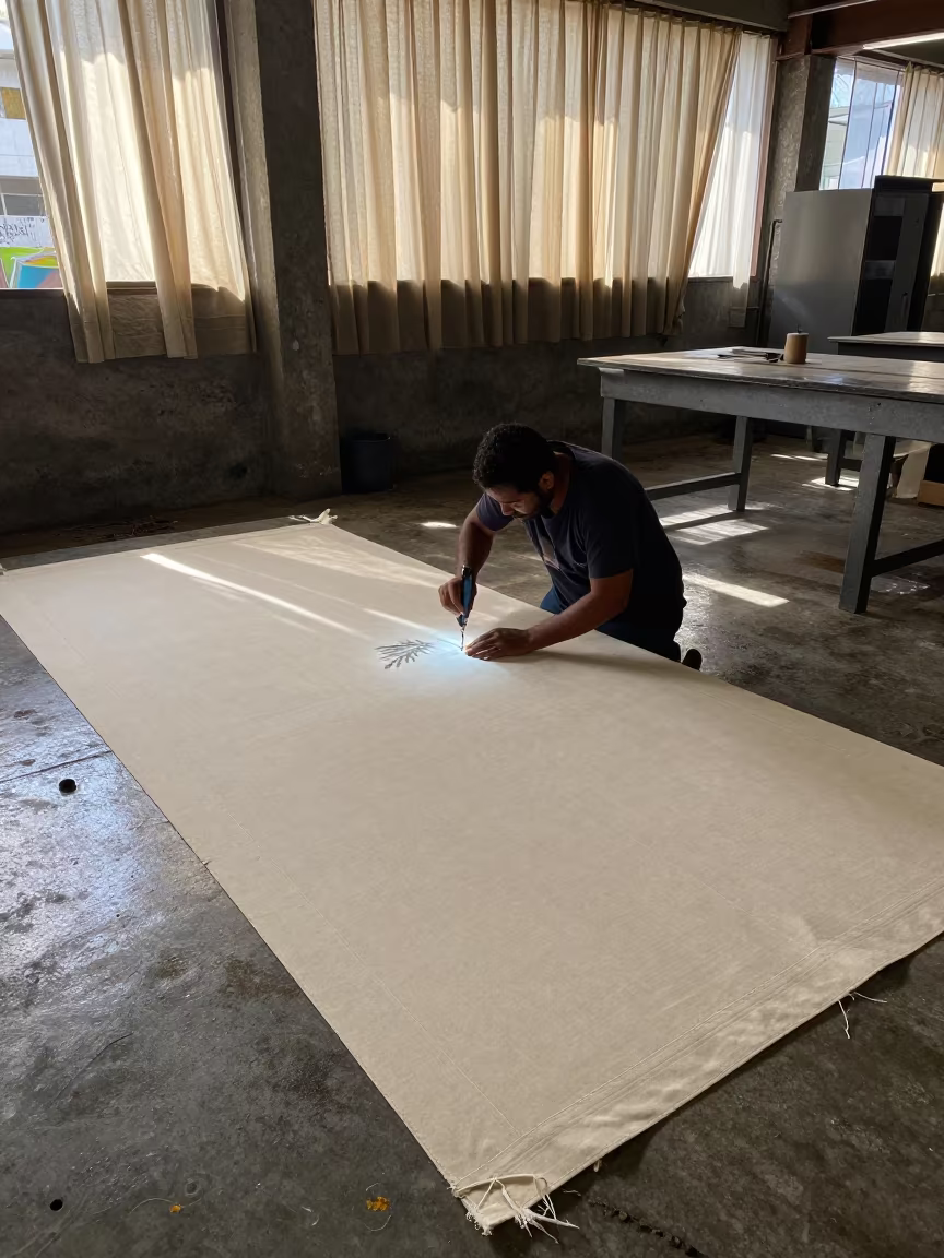 Sail Maker Sewing Canvas in Rio Foundry in in a foundry in Rio de Janeiro