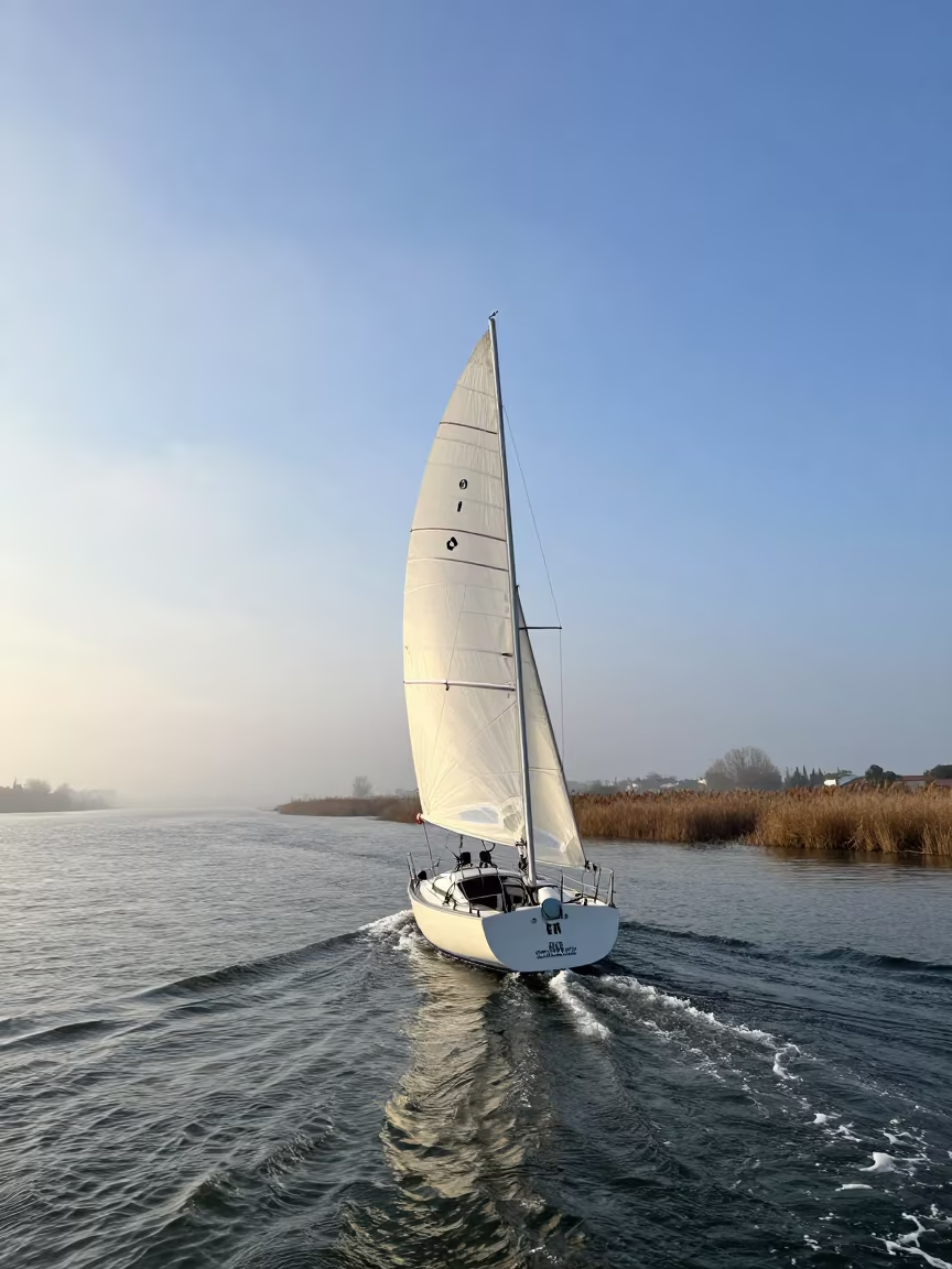Sailboat Downwind in Foggy Dawn Light in beside a fogbound harbor mouth near Zaragoza