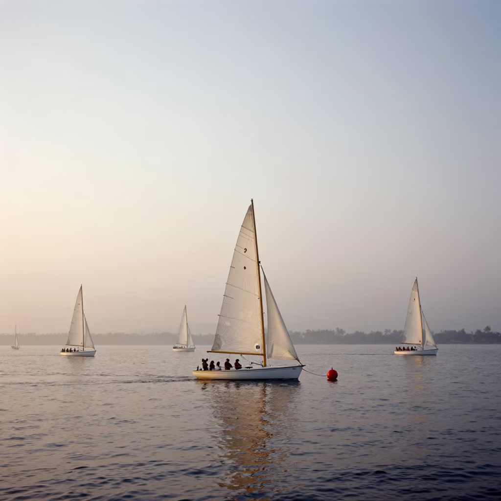 Sailboat Fleet Rounding Mark in Tripura Evening Fog in in Tripura