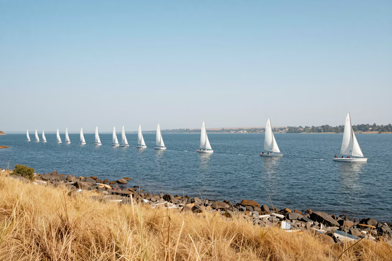 Sailboat Fleet at Rwanda Start Line Afternoon in along a switchback approach in Rwanda