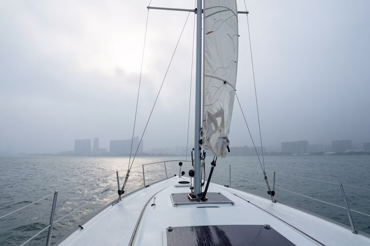 Sailboat Heeled Over in Foggy Harbor Light in beside a fogbound harbor mouth near Quezon City