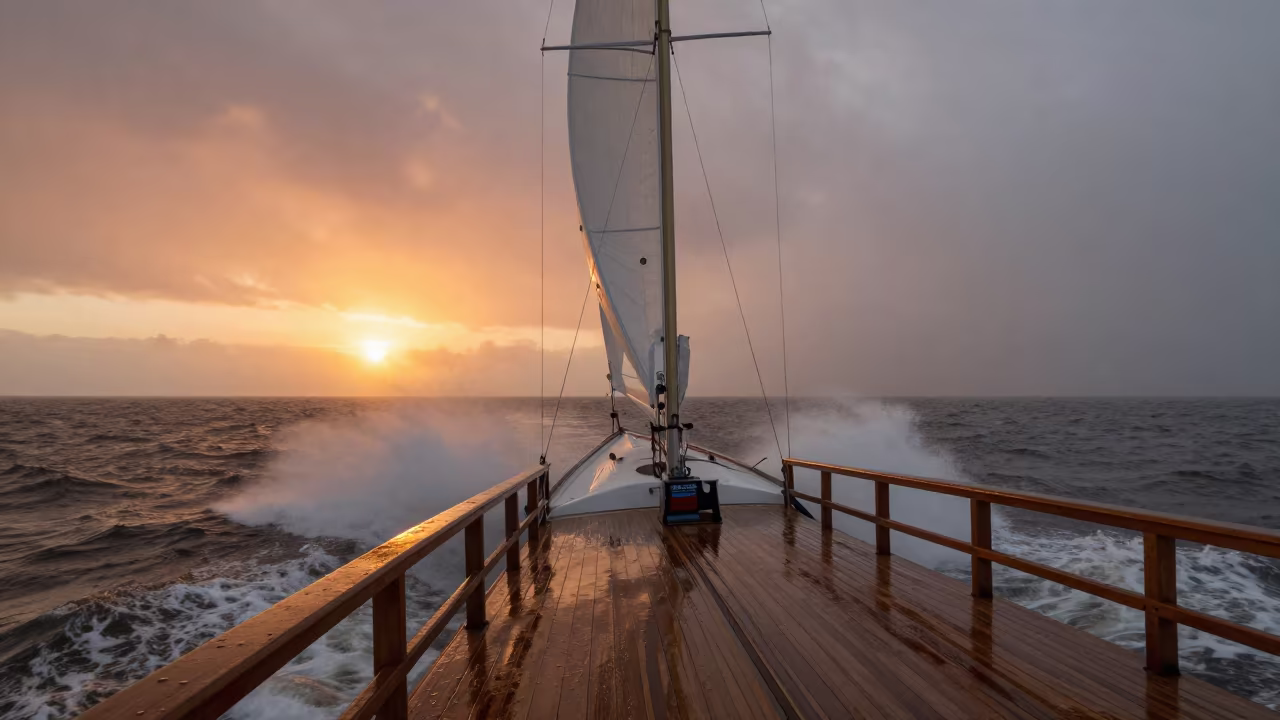 Sailboat Heeled Over in Rain Near Chelyabinsk in across a remote ferry crossing near Chelyabinsk