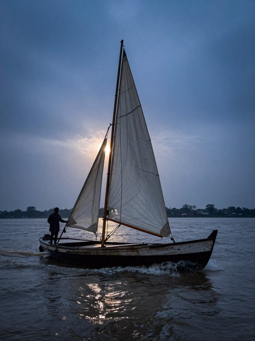 Sailboat Heeled in Rain at Agra Blue Hour in near Agra