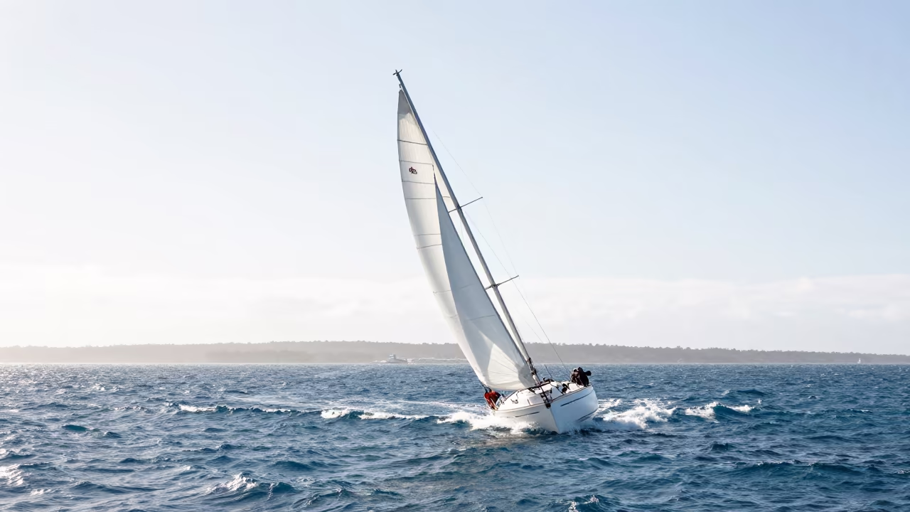 Sailboat Heeling on Australian Ferry Crossing Noon in across a remote ferry crossing in Australia