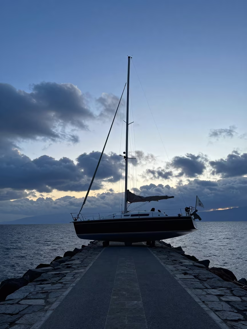 Sailboat Heeling on Greek Causeway at Blue Hour in on a wind-open causeway in Greece