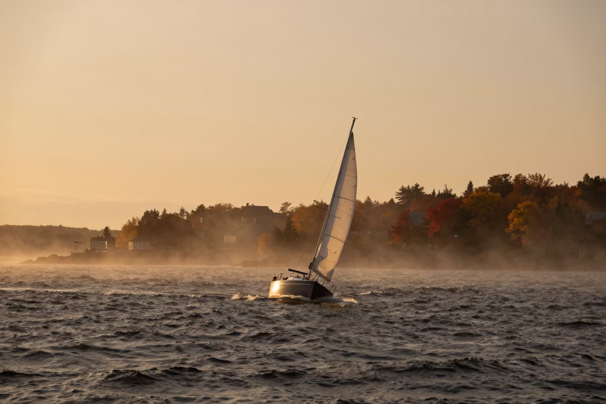 Sailboat Tacking in Autumn Sunset Quebec Harbor in beside a fogbound harbor mouth in Quebec