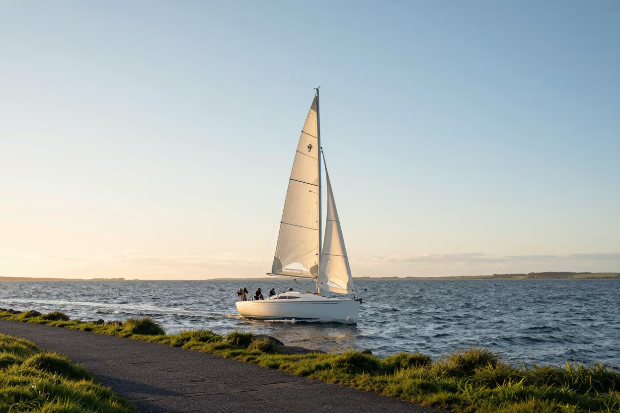 Sailboat Tacking on Northern Ireland Causeway Sunset in on a wind-open causeway in Northern Ireland