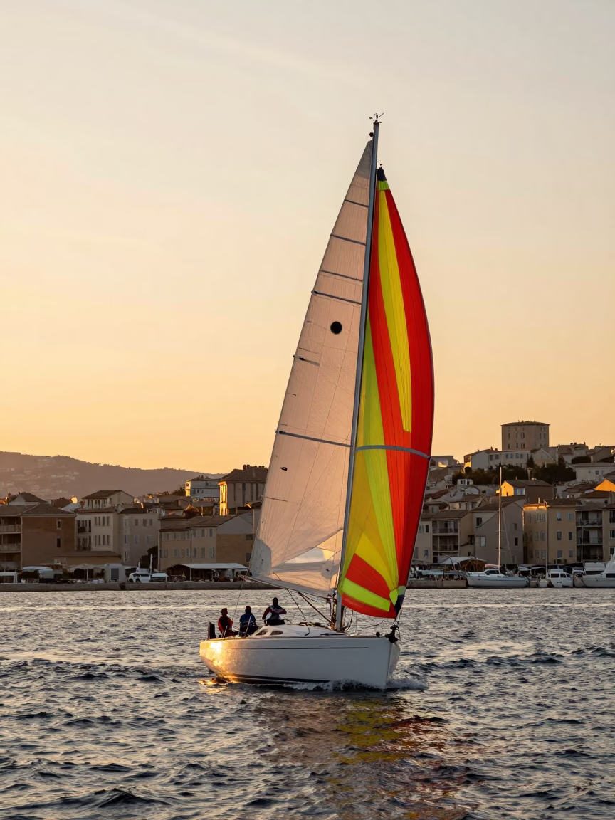 Sailboat with Deployed Spinnaker Sailing at Sunset in Marseille France Harbor in in Marseille, France