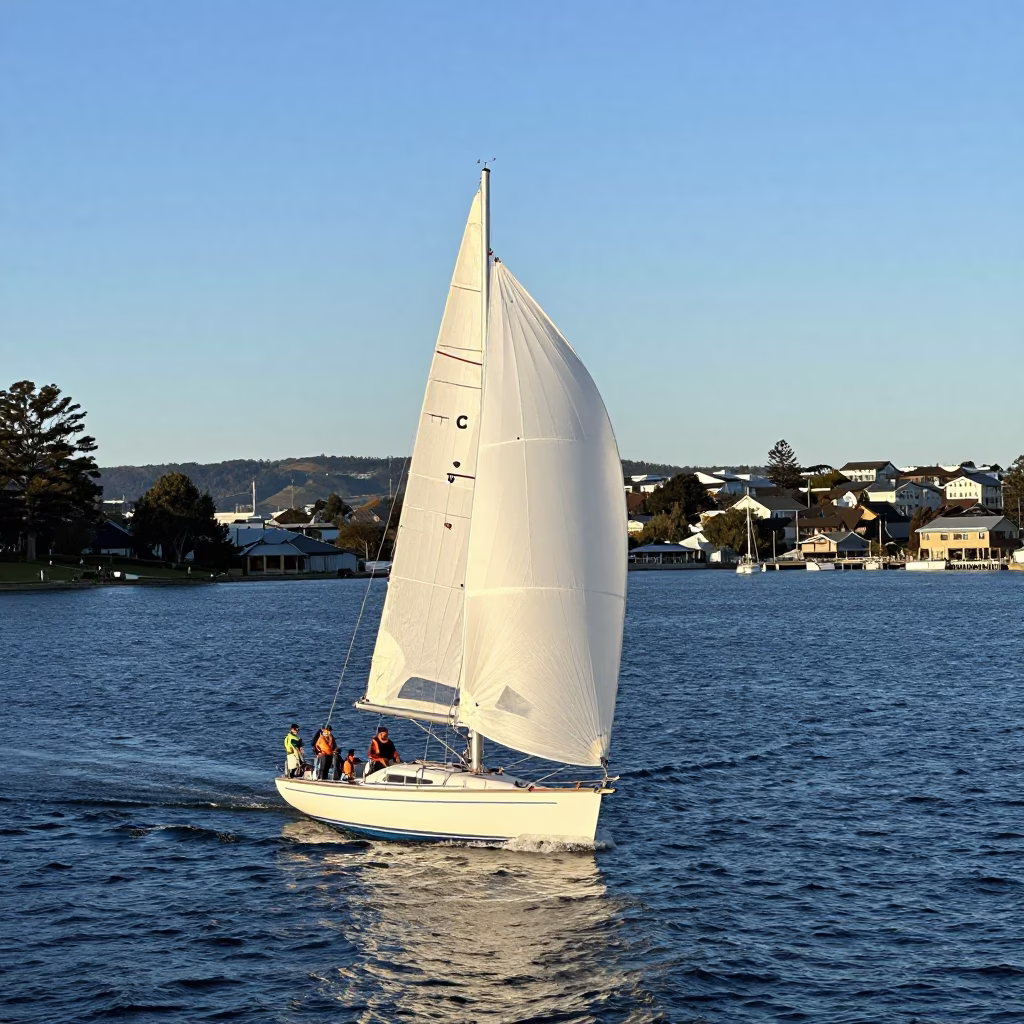 Sailboat with Spinnaker Running Downwind in Hobart Tasmania Harbor Late Afternoon Light in in Hobart, Tasmania, Australia