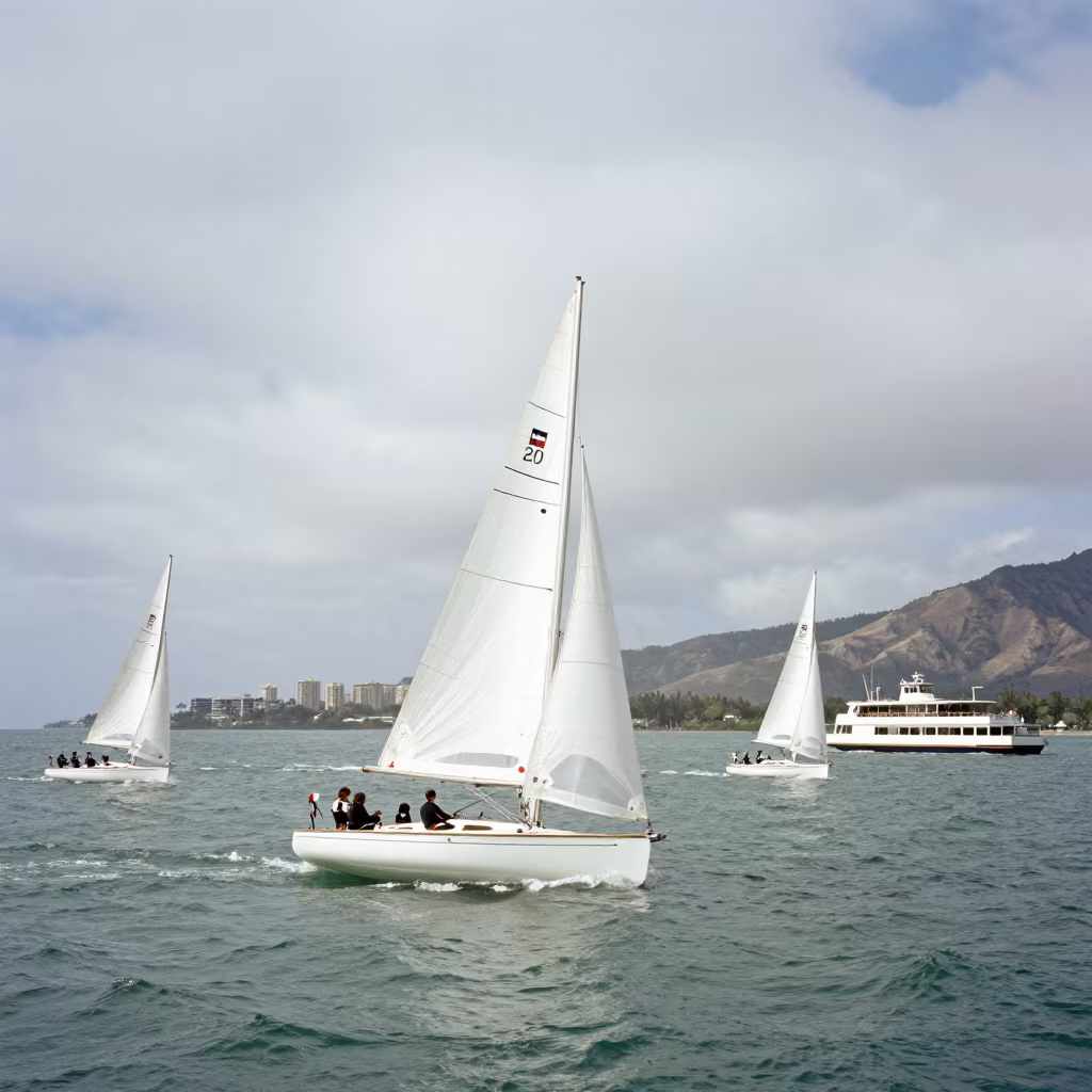 Sailboats Rounding Mark in Honolulu Ferry Waters in across a remote ferry crossing near Honolulu