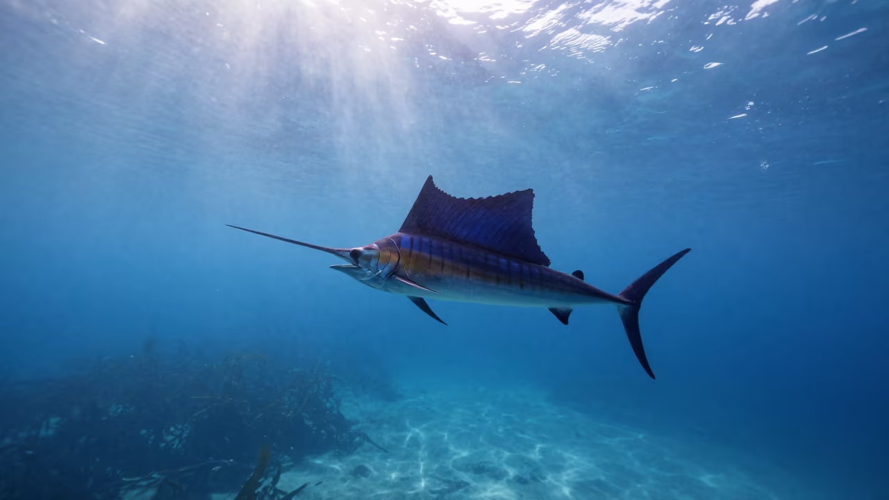 Sailfish Dorsal Fin Rising in Misty Dawn Light in along a kelp-fringed shelf near Habana Vieja, Havana