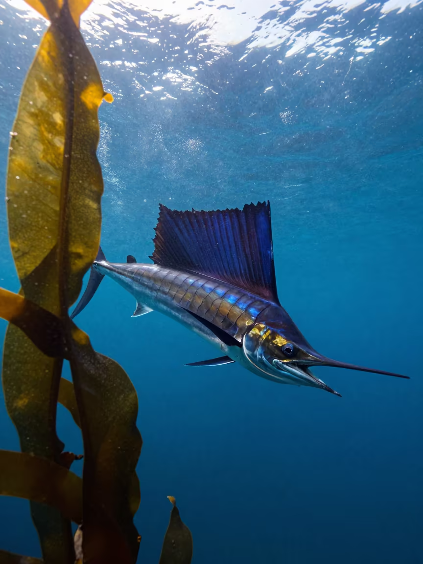 Sailfish Dorsal Fin Rising in Sunrise Kelp in along a kelp-fringed shelf near Durban