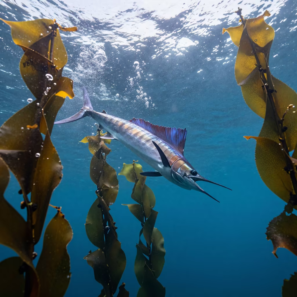 Sailfish Slash Through Kelp in Sydney in through a forest of kelp fronds near Sydney