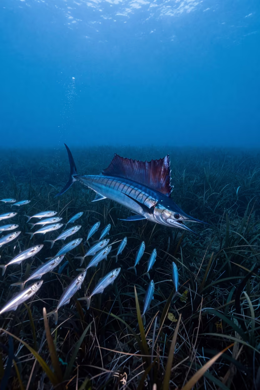 Sailfish Slashing Through Bait Ball at Twilight in above a seagrass meadow near Osaka