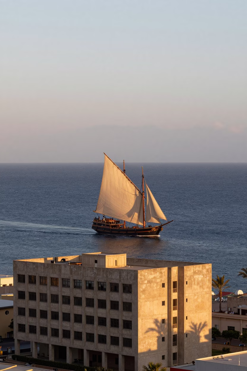 Sailing Ship entering Alexandria Bay at Sunset with Concrete Brutalist Architecture in in Alexandria, Egypt
