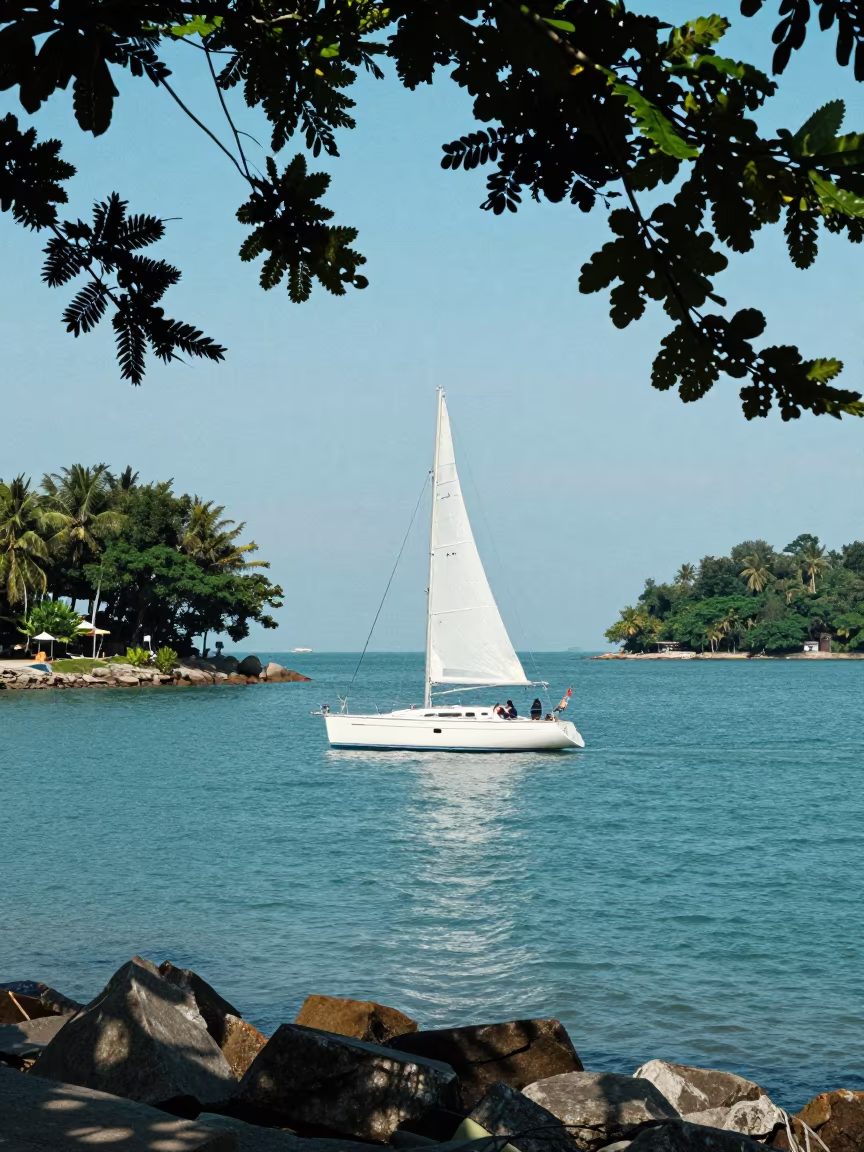 Sailing Yacht Enters Anchorage Through Dappled Light in along a switchback approach near Johor Bahru