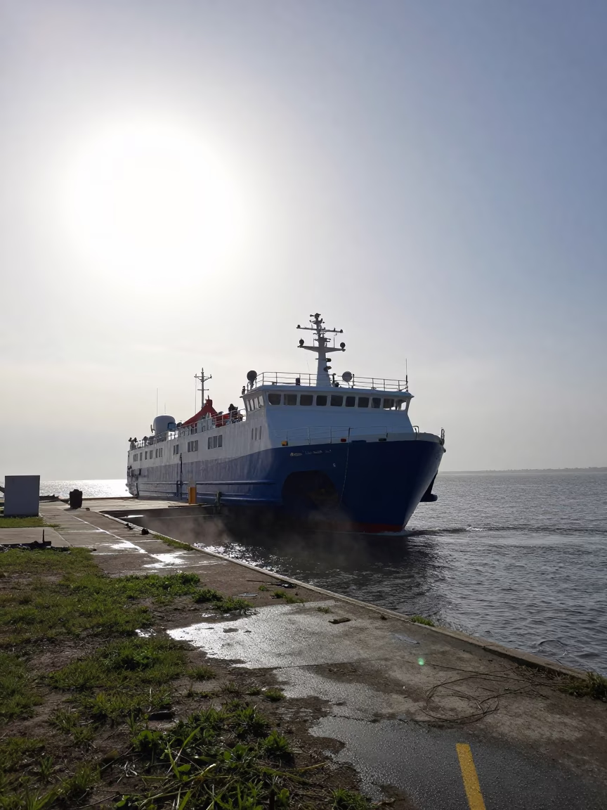 Sailing Yacht Entering Remote Belarus Ferry Crossing in across a remote ferry crossing in Belarus