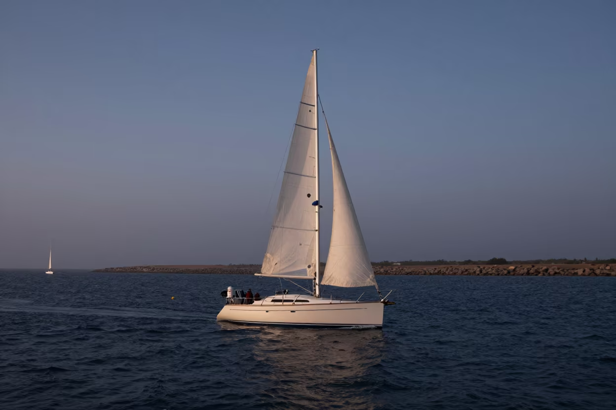 Sailing Yacht Entering Senegal Anchorage at Twilight in on a wind-open causeway in Senegal