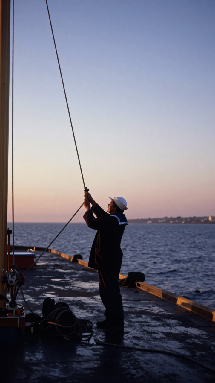Sailor Adjusting Rigging at Ahvaz Harbor Dawn in at a harbor quay near Ahvaz
