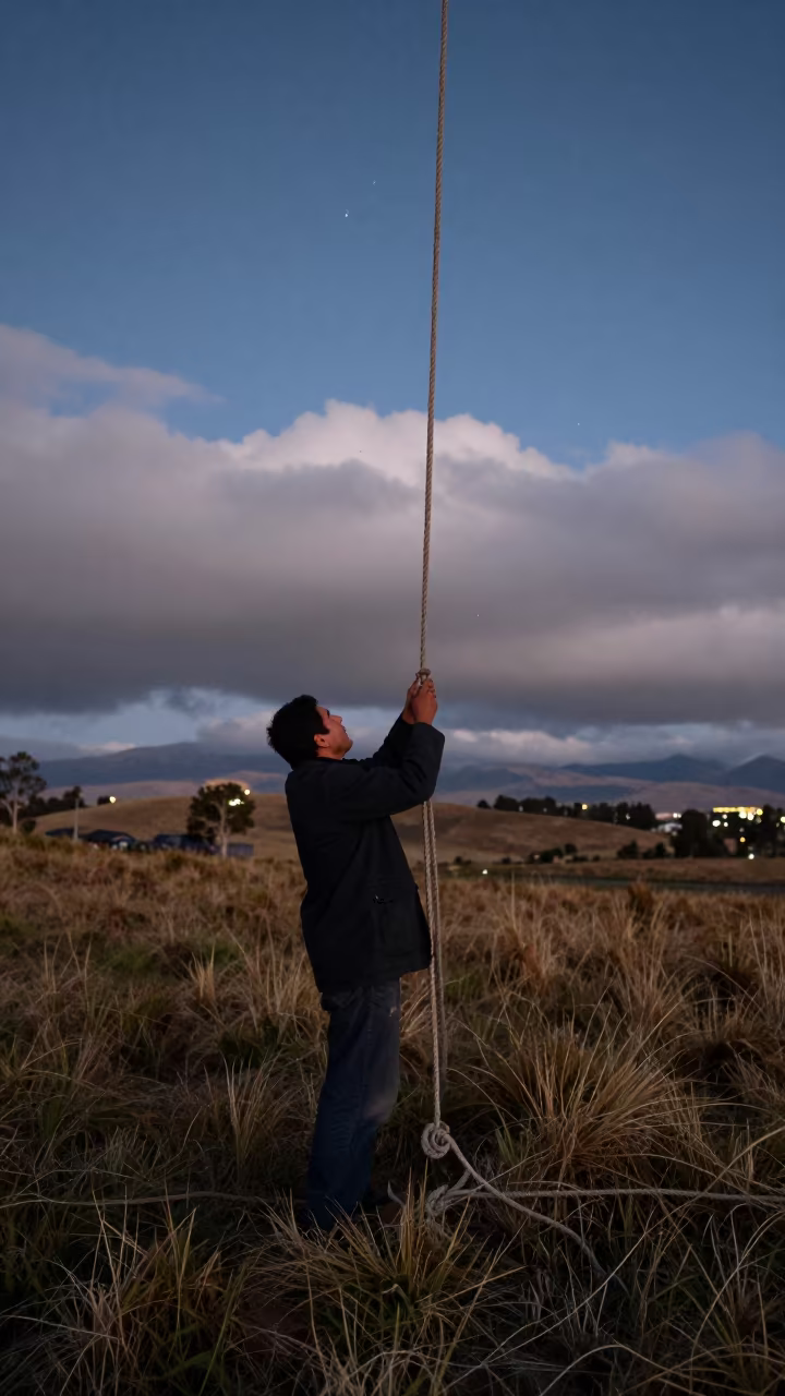 Sailor Adjusting Rigging Near Bogota Fields at Dawn in near open fields near Bogota