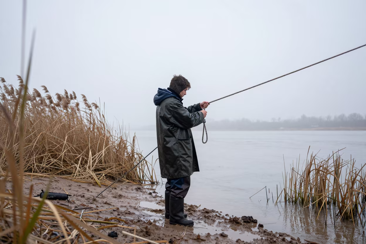 Sailor Adjusting Rigging Riverbank Early Winter in by a riverbank near Vaughan