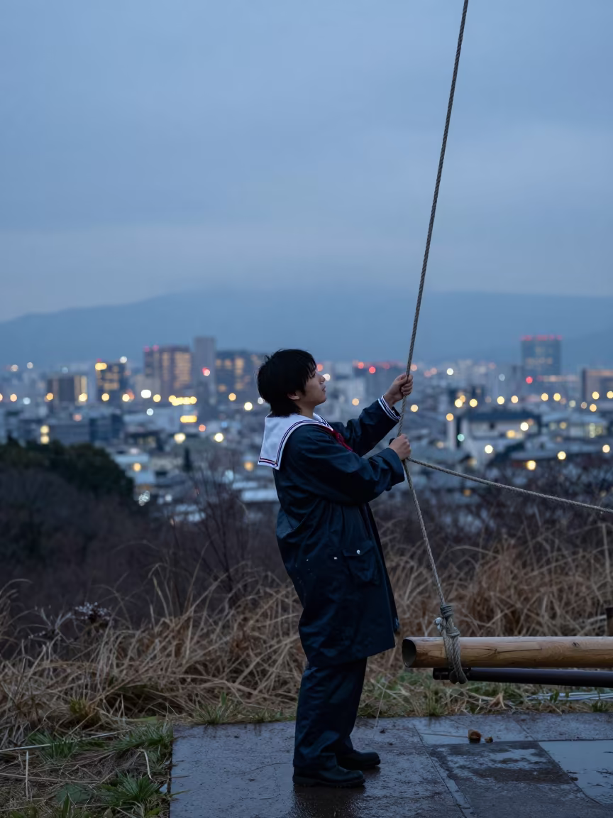 Sailor Adjusts Rigging on Hillside Near Tokyo in on a hillside near Tokyo