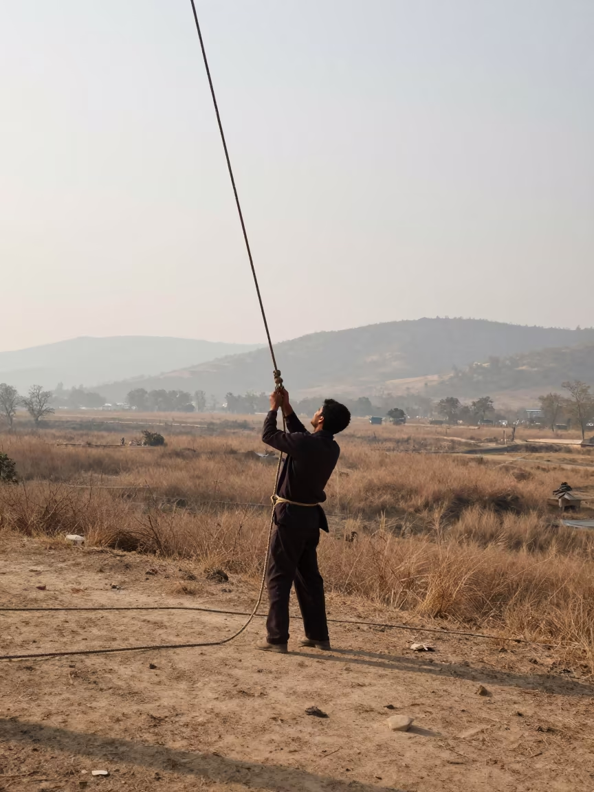 Sailor Adjusts Rigging on Winter Hillside in on a hillside near Chandigarh