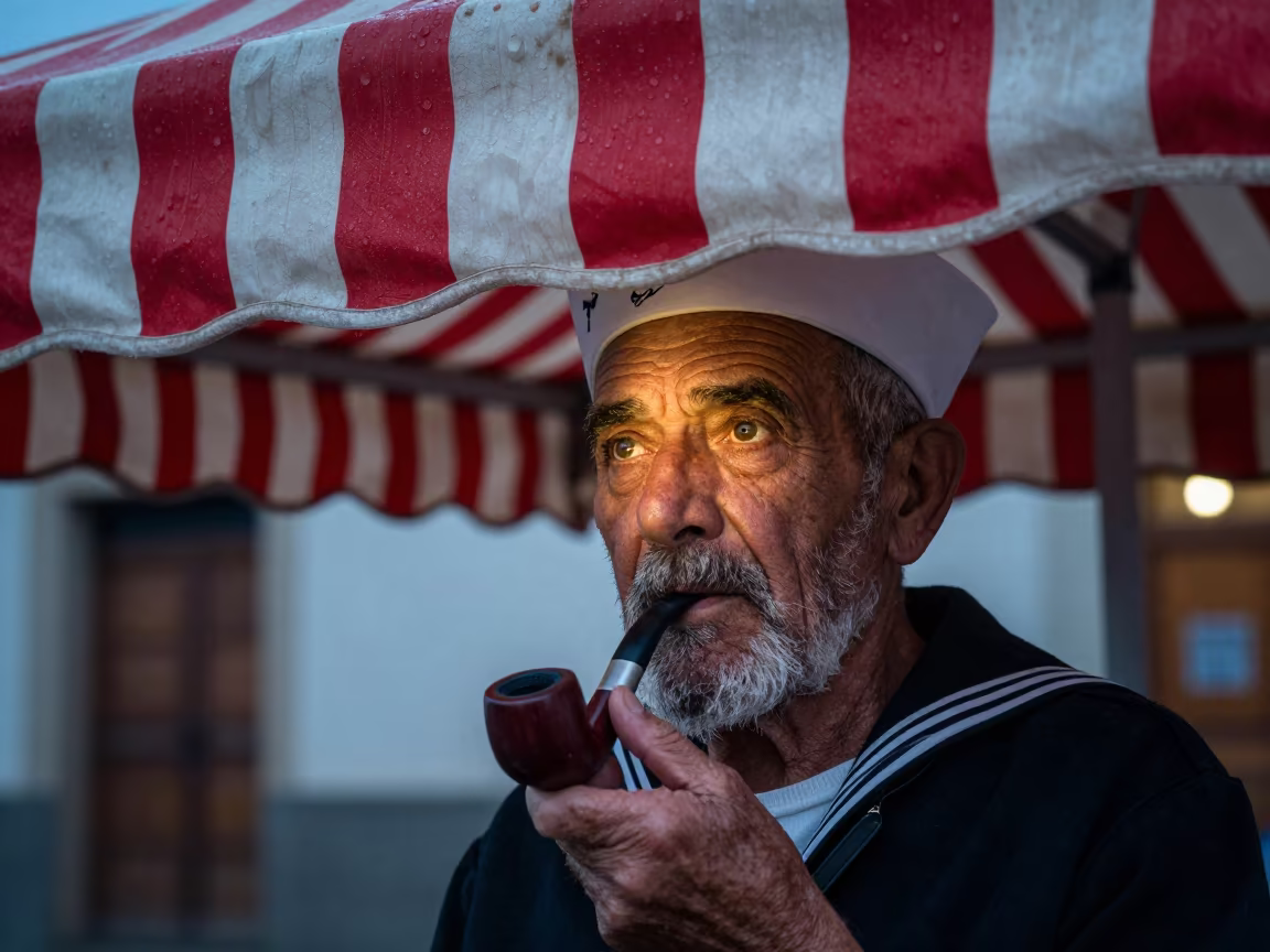 Sailor with Pipe Under Awning Before Dawn in under a striped market awning near Guadalupe