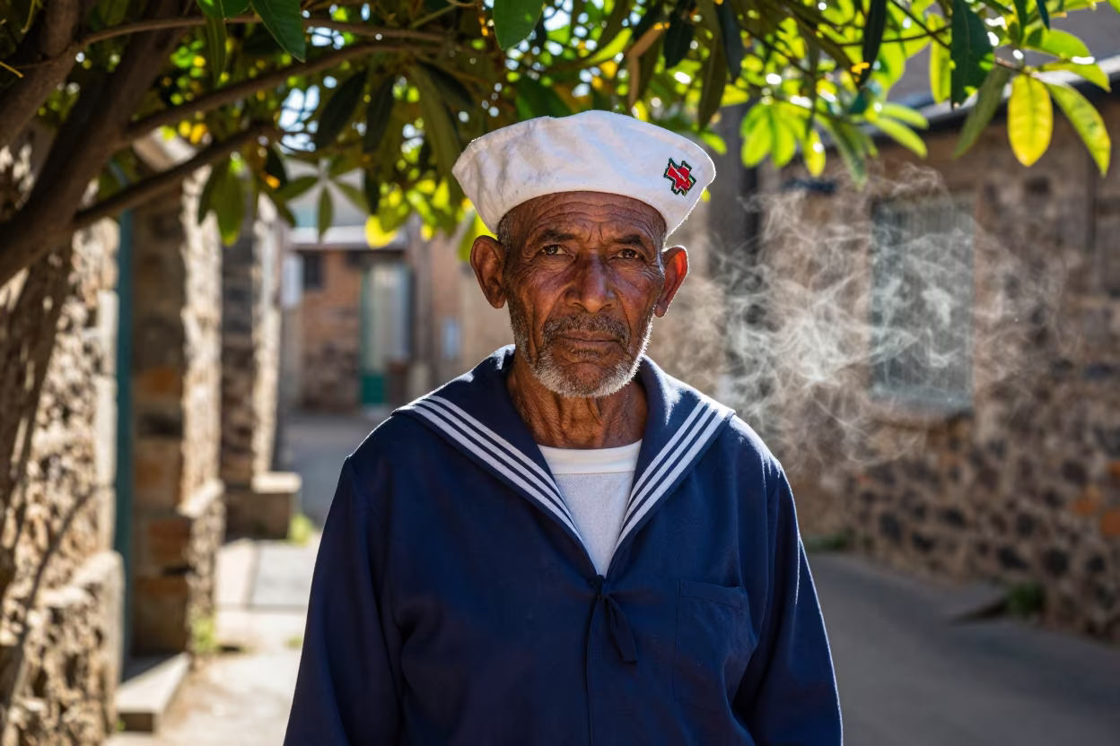 Sailor in Soweto Alley Late Afternoon Portrait in in a narrow stone alley near Soweto