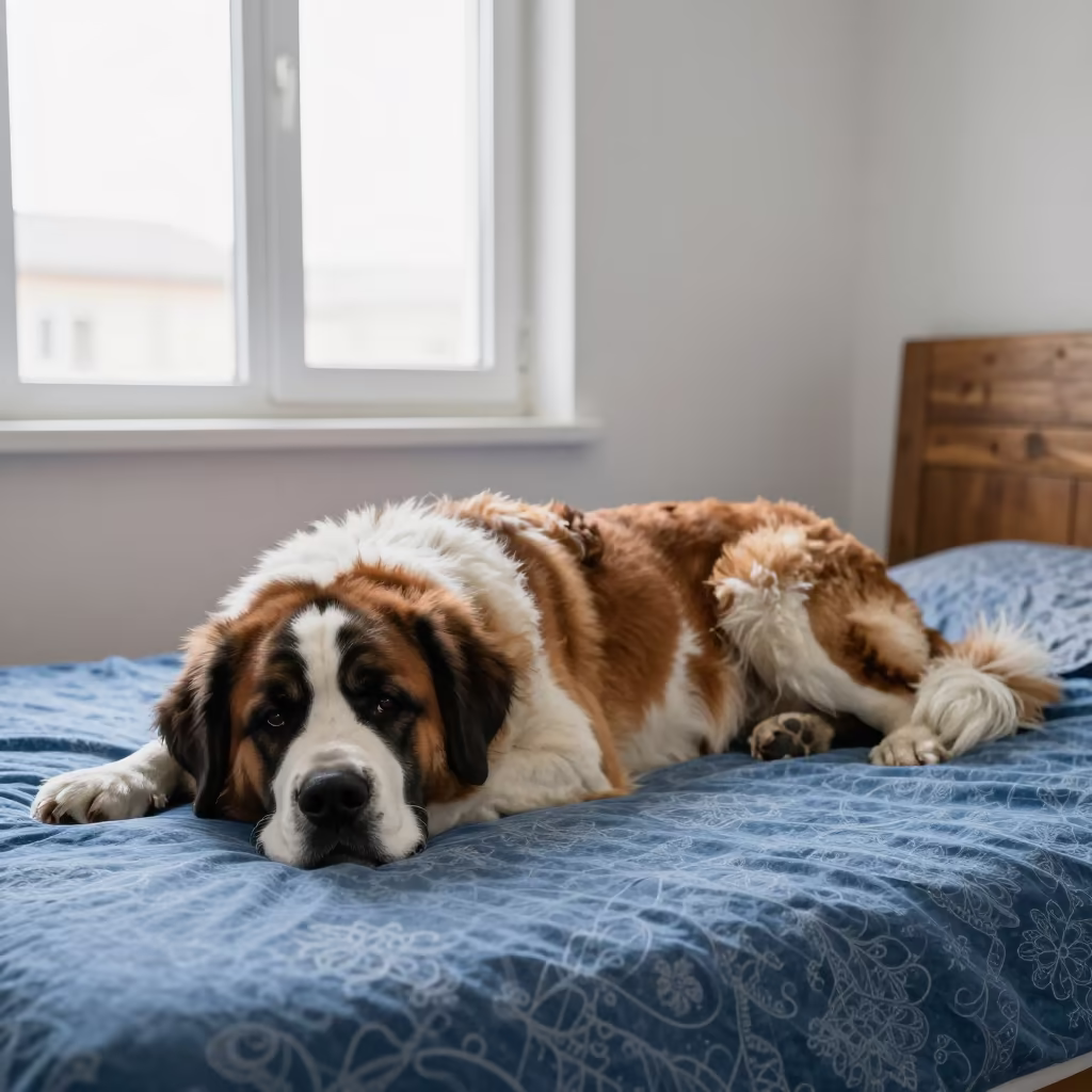 Saint Bernard Dog Resting on Bedspread Near Window in on a bedspread near a bright window with calm indoor light in Çorum