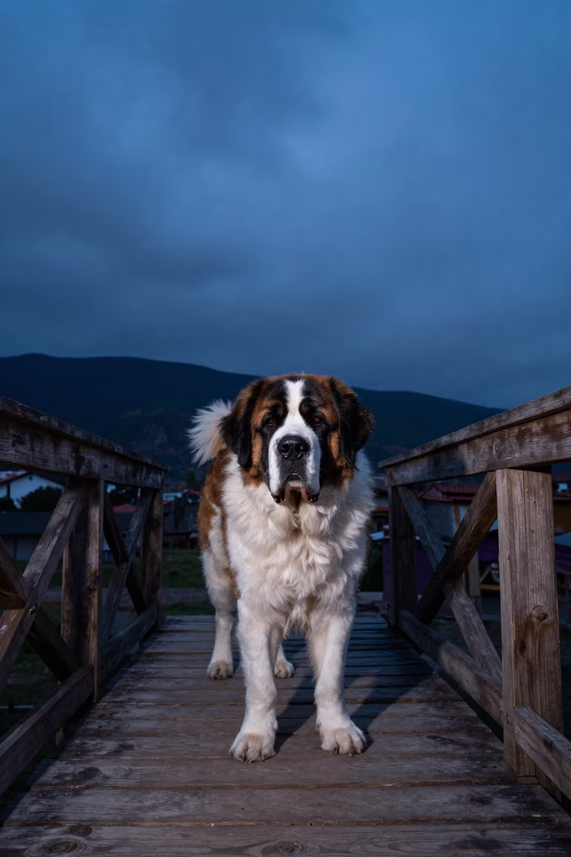 Saint Bernard on El Alto Porch in Twilight in on a shaded front porch with boards, railings, and eye-level framing near El Alto