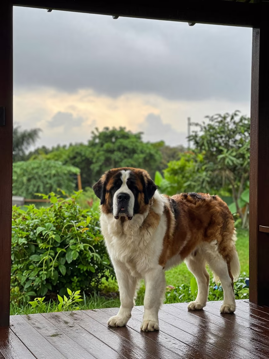 Saint Bernard on shaded porch near Issia garden in near a garden edge with soft morning light and an uncluttered background in Issia