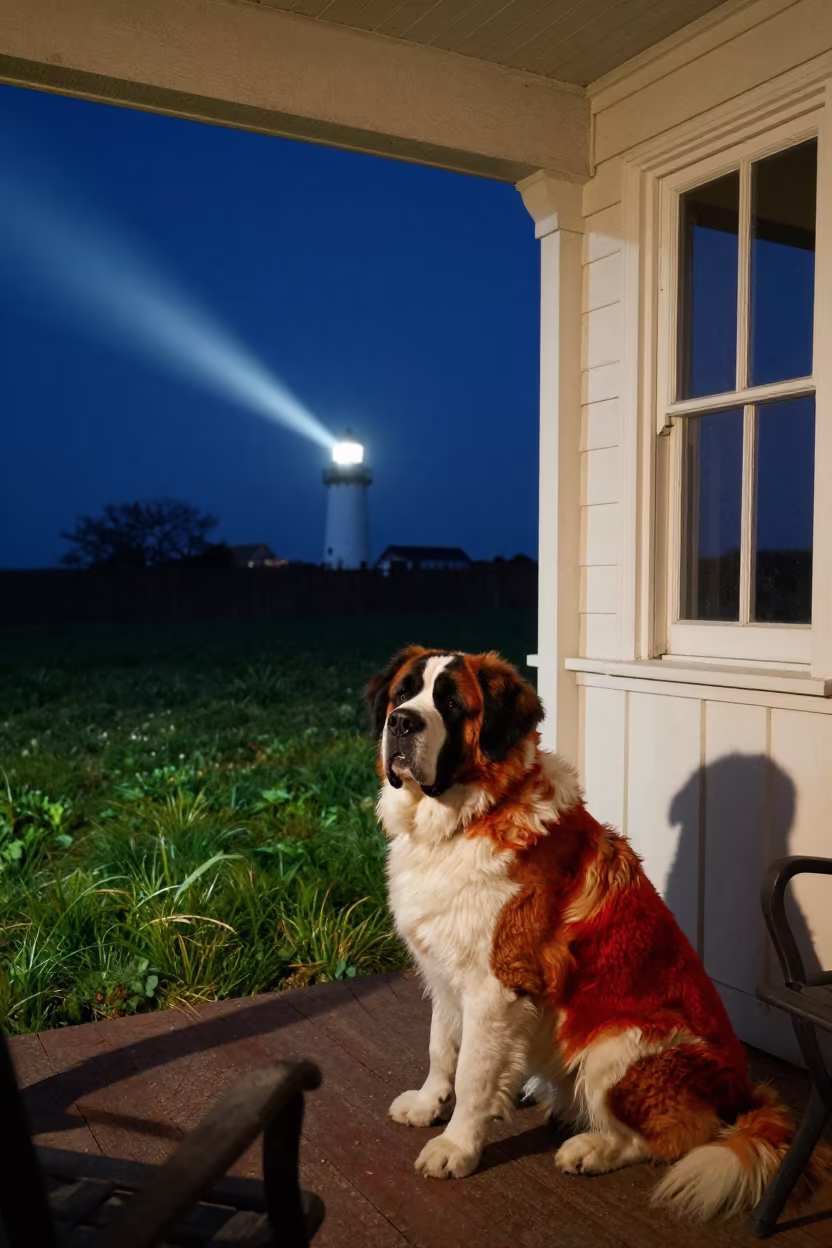 Saint Bernard on Southend Porch Under Lighthouse Light in in a small yard with clipped grass, calm light, and the animal centered in frame in Southend-on-Sea