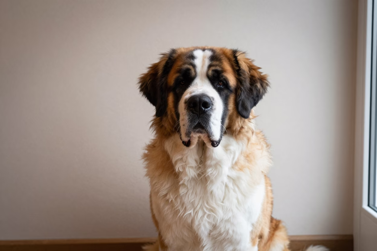 Saint Bernard Portrait Beside Plaster Wall in beside a plain plaster wall in soft indoor light with the animal centered in frame near Zoetermeer