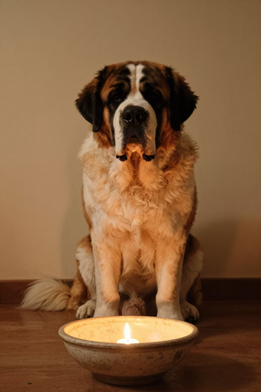 Saint Bernard Portrait in Khartoum Evening Light in beside a plain plaster wall in soft indoor light with the animal centered in frame in Khartoum