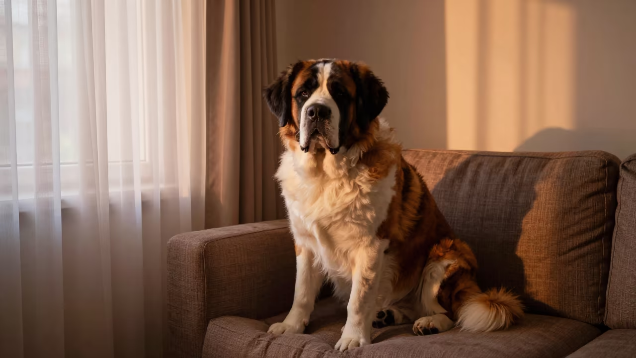 Saint Bernard Portrait Near Curtained Window in on a sofa near a curtained window with calm indoor light near Dar es Salaam