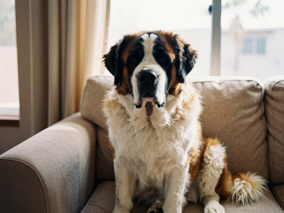 Saint Bernard Portrait on Sofa Near Window in on a sofa near a curtained window with calm indoor light in Tucson