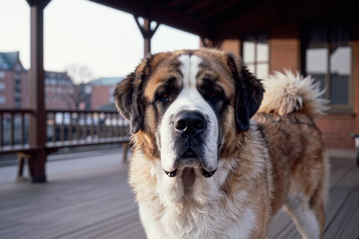 Saint Bernard Portrait on Speicherstadt Porch Dawn in on a shaded front porch with boards, railings, and eye-level framing in Speicherstadt, Hamburg