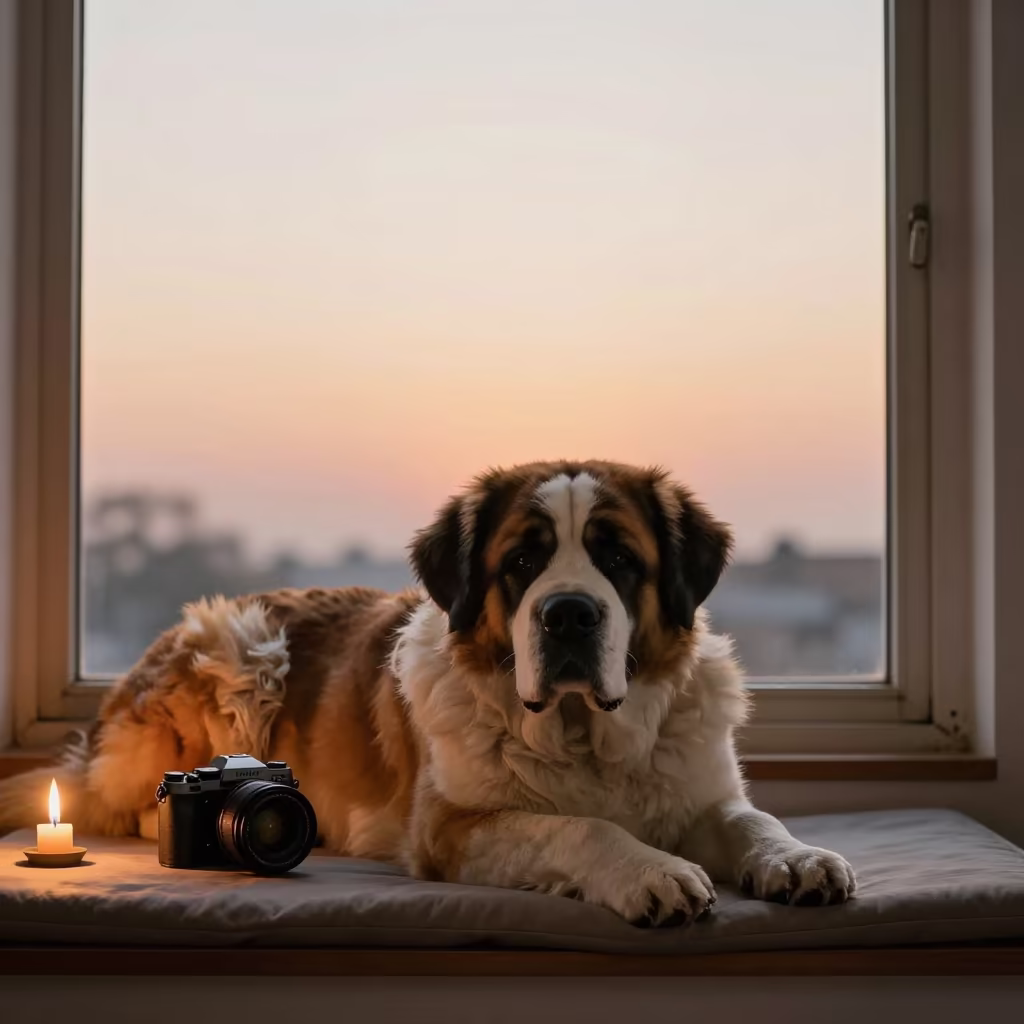 Saint Bernard Portrait on Window Seat at Sunset in on a cushioned window seat with soft side light and an uncluttered background in Nizamuddin, Delhi