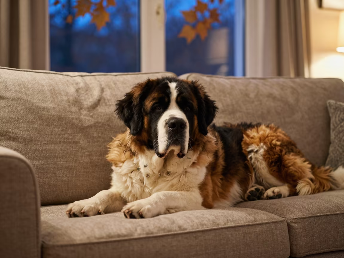 Saint Bernard Resting on Linen Sofa in Twilight in on a linen sofa with daylight from a nearby window in Podgorica